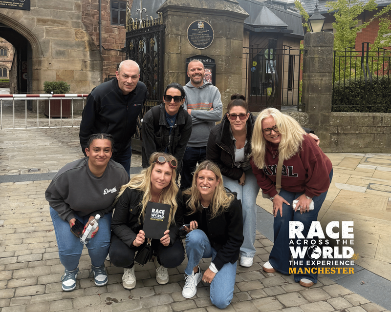 Race Across The World Experience Manchester team outside Chetham&#x27;s Library